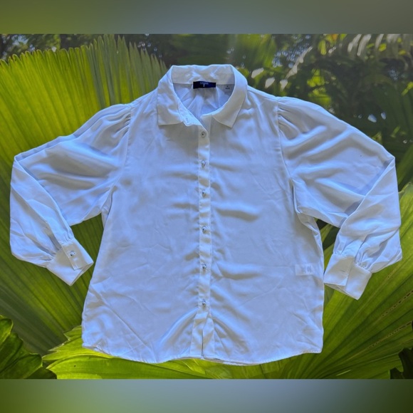 TAHARI  Womens Ivory White And Metal Button-Up High/Low Tunic dress Blouse Sz M - Picture 14 of 14